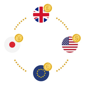 兴奋图标。 欧盟欧元和日本日元