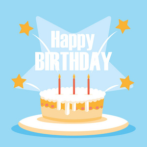 快乐的生日卡片与甜蛋糕和蜡烛图片
