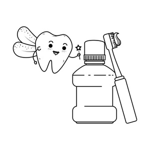 漫画牙齿与漱口木的 kawaii 字符