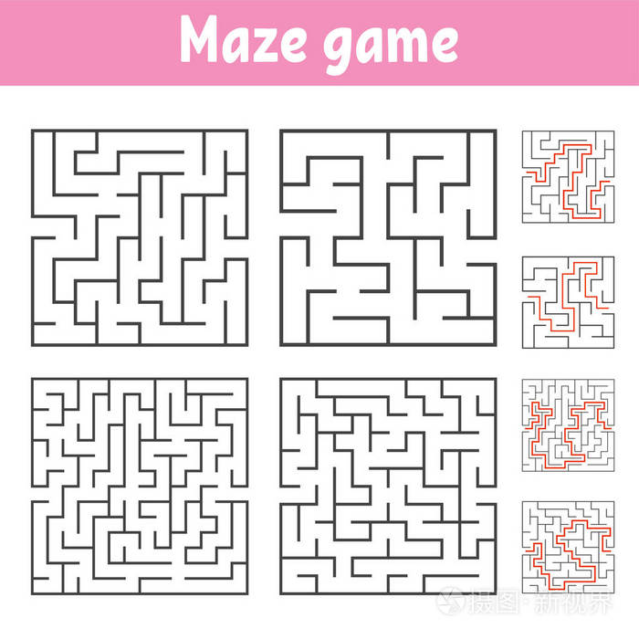 各级难度的正方形迷宫.孩子们的困惑.一个入口,一个出口.迷宫难题.