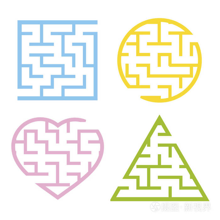 一套彩色的浅色迷宫.圆,正方形,三角形,心.孩子们的游戏.孩子们的困惑