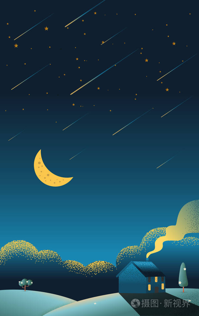 美丽的小屋在山上的夜景美丽的垂直自然景观与星星彗星和月亮的天空