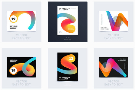 设计了宣传册软模板封面。五颜六色的现代抽象集, 带有品牌形状的年度报告