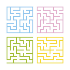 一套彩色方形迷宫. 孩子们的游戏. 儿童拼图. 一个入口一个出口.