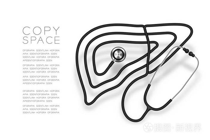 由听诊器电缆制成的肝脏形状，黑色，医学器官概念设计插图，白色背景，复制空间矢量EPS10
