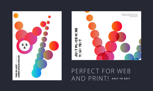 设计了宣传册软模板封面。五颜六色的现代抽象集, 带有品牌形状的年度报告