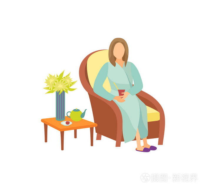 坐在扶手椅上的妇女在休息室动画片插画-正版商用图片18941u-摄图新