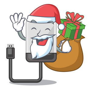 圣诞老人带礼品卡通硬盘的袋子矢量插图