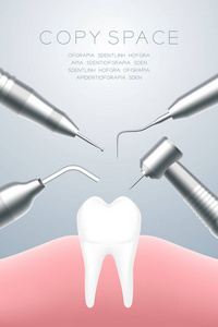 牙科器械用牙齿和牙胶插图3D虚拟设计隔离在灰色梯度背景与复制空间矢量EPS10
