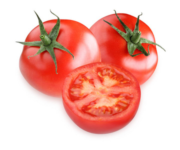 白色背景上分离的红色西红柿。 整个蔬菜和一半。