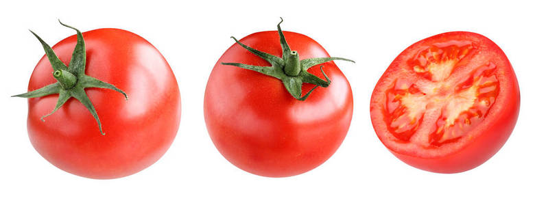 收集白色背景上分离的红色西红柿。 整个蔬菜和一半。