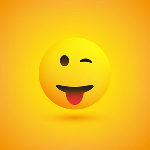 微笑和眨眼表情与伸出舌头简单闪亮的快乐表情在黄色背景矢量设计。