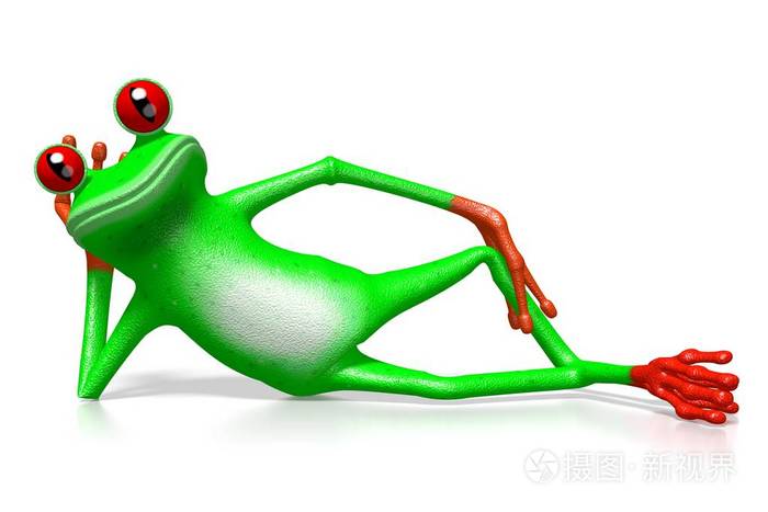三维卡通青蛙躺在白色背景上