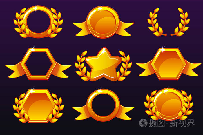奖励的黄金模板，为移动游戏创建图标。 隔离在一个单独的层上。 矢量概念资产设置移动应用图标不同形式和桂冠花环的胜利。
