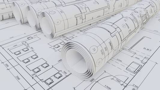 扁平工程师建筑图纸.扁平和轧制照片