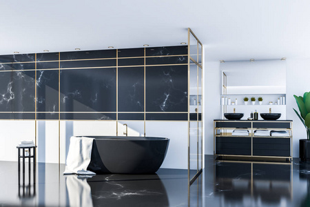 室内时尚浴室与白色和黑色大理石墙壁，黑色浴缸和双沉池站在黑色台面。 3D渲染