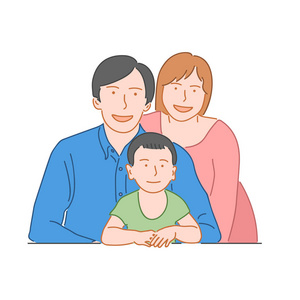 幸福的家庭观念。爸爸，妈妈和儿子。手绘风格涂鸦设计插图