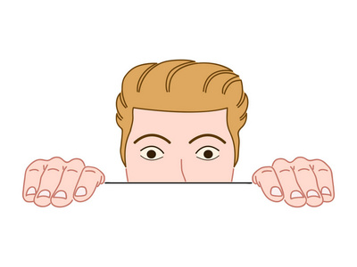 年轻人从墙后偷看.孤立在白色上.手绘文字照片