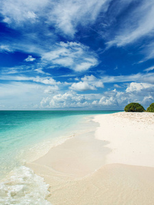 珊瑚环礁上的海岸线。天堂热带岛屿, 白色的沙子和清澈的水。景观