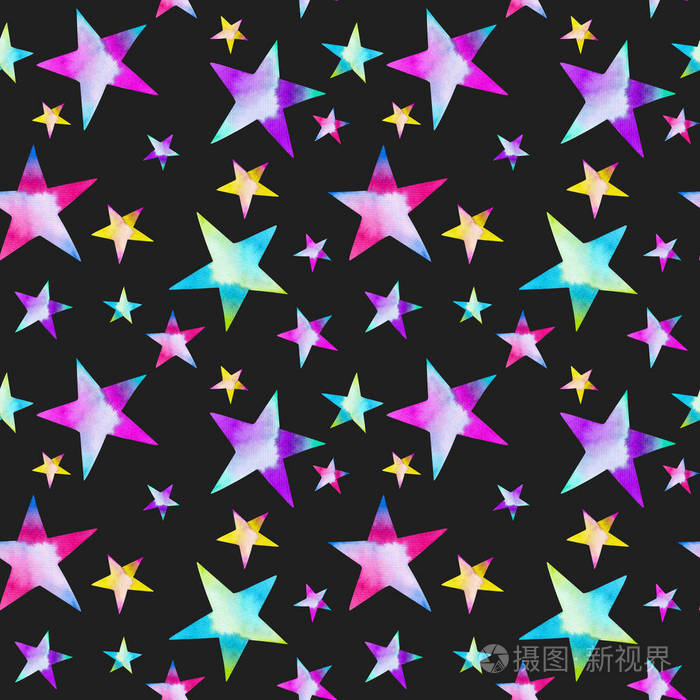 水彩,彩色星星,无缝图案,手绘在黑暗的背景上