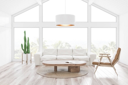 阁楼客厅内部，白色墙壁和天花板，木地板，白色沙发和真皮扶手椅靠近原咖啡桌。三维渲染