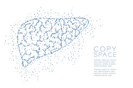 肝脏形状抽象几何方块像素图案医学器官概念设计蓝色插图与白色背景分离，复制空间矢量EPS10