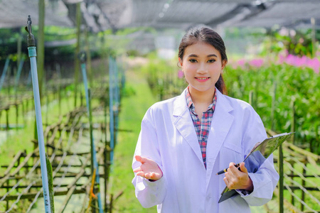 一位穿着白色连衣裙的年轻女性研究员，在种植一种新的兰花之前探索花园。