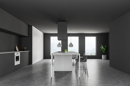 侧视图的现代厨房与灰色墙壁，石头地板，深灰色台面，白色橱柜和白色酒吧与凳子。 3D渲染