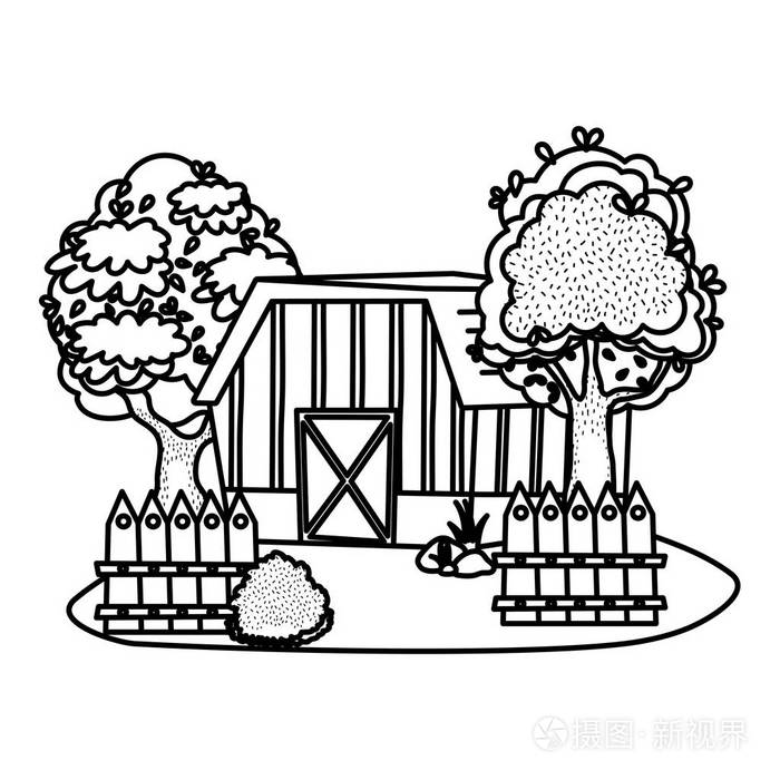 线屋农场与树木和木架矢量插图插画-正版商用图片189jz2-摄图新视界