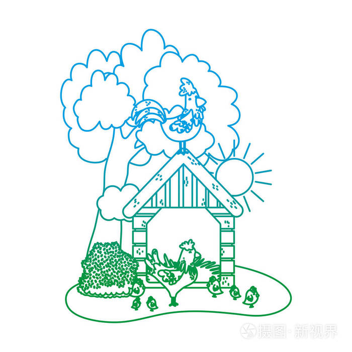 退化线母鸡在房子和公鸡与小鸡动物矢量插图插画-正版商用图片189ka6