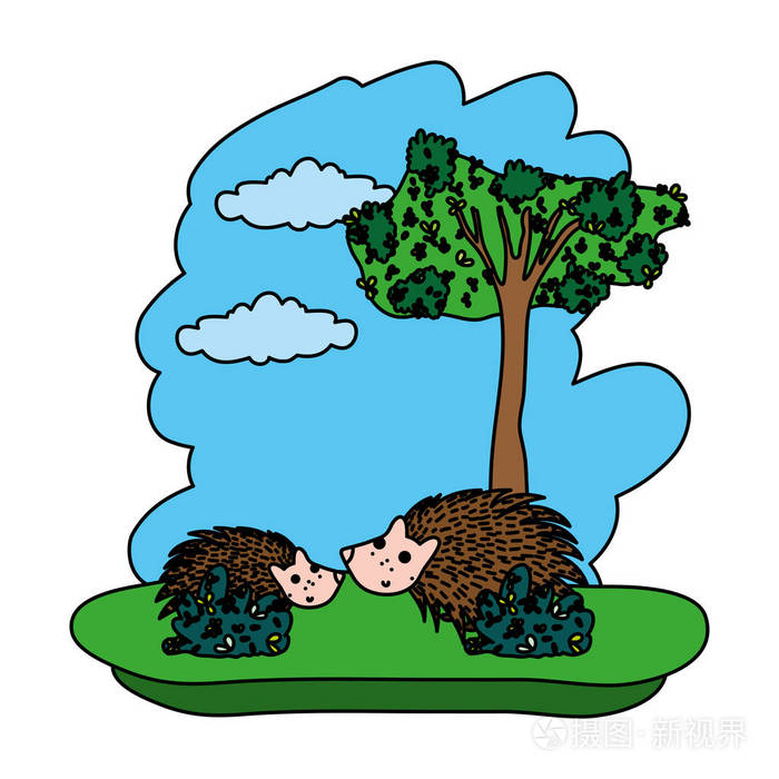 彩色夫妇豪猪可爱的动物在森林矢量插图