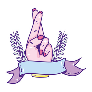 祝你好运,用树叶和丝带矢量插图做手势照片