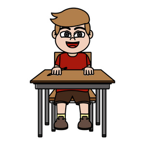 彩色快乐男孩坐学校课桌插图