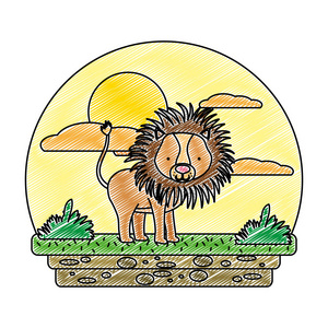 涂鸦可爱雄狮野生动物景观矢量插图