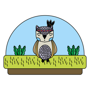 彩色猫头鹰可爱的动物与羽毛在头部矢量插图