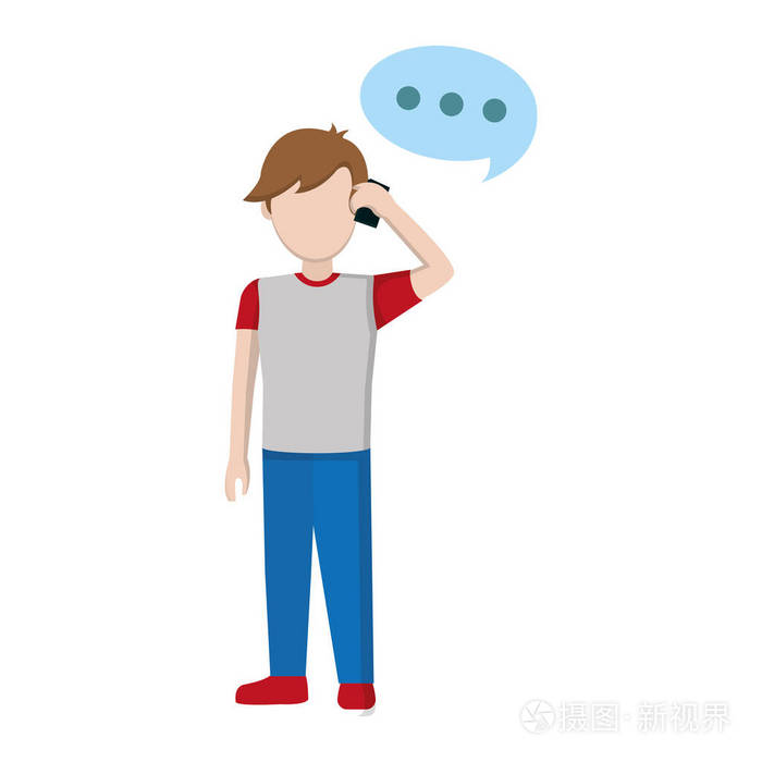 儿童男孩用智能手机打电话,聊天泡泡矢量插图