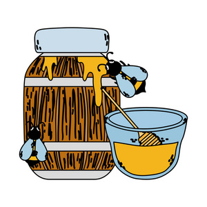 彩色木瓶和碗与蜂蜜和蜜蜂矢量插图