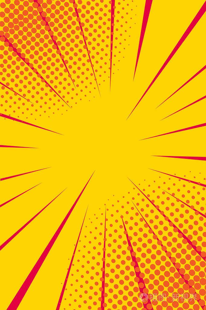 黄色背景. 闪电爆炸半色调点. 卡通与矢量图