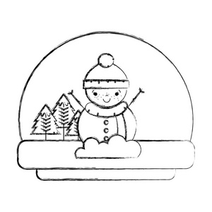 用松树矢量插图描绘冬天的雪人