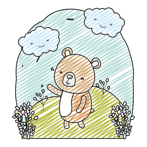 涂鸦可爱的熊动物在景观中与云矢量插图。