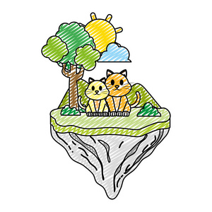 浮岛矢量插图中的涂鸦夫妇猫动物