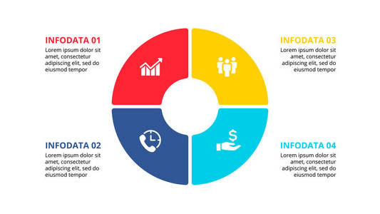 用于信息图的平面圆元素, 包括4个部分选项或步骤。周期图图表演示文稿和图表的模板