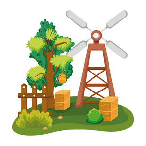 风车与农场稻草桶和木架矢量插图