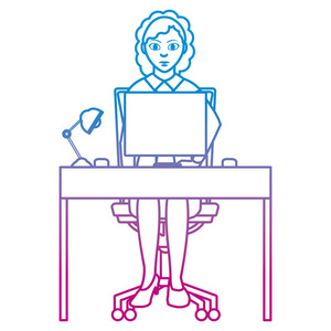 退化的线条优雅的女商人与木桌和计算机矢量插图
