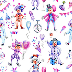 水彩马戏团小丑与不同节日元素的无缝图案，手工彩绘，白色背景