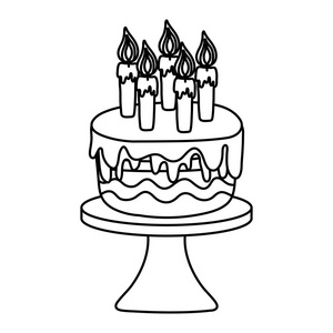 在桌子上用燃烧的蜡烛排列美味的蛋糕，矢量插图
