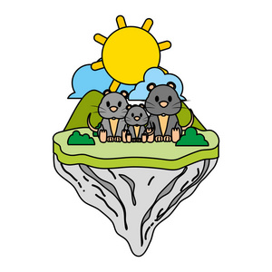 彩色家庭小鼠动物浮岛矢量插图