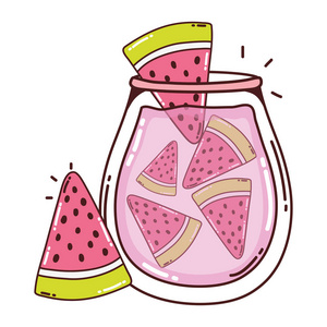 美味的西瓜健康果汁在罐子矢量插图。