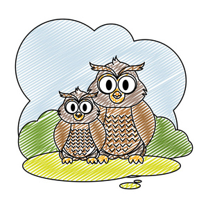 涂鸦夫妇猫头鹰野生动物在景观矢量插图。
