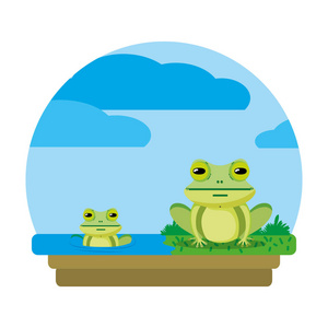可爱的青蛙夫妇野生动物在景观矢量插图。